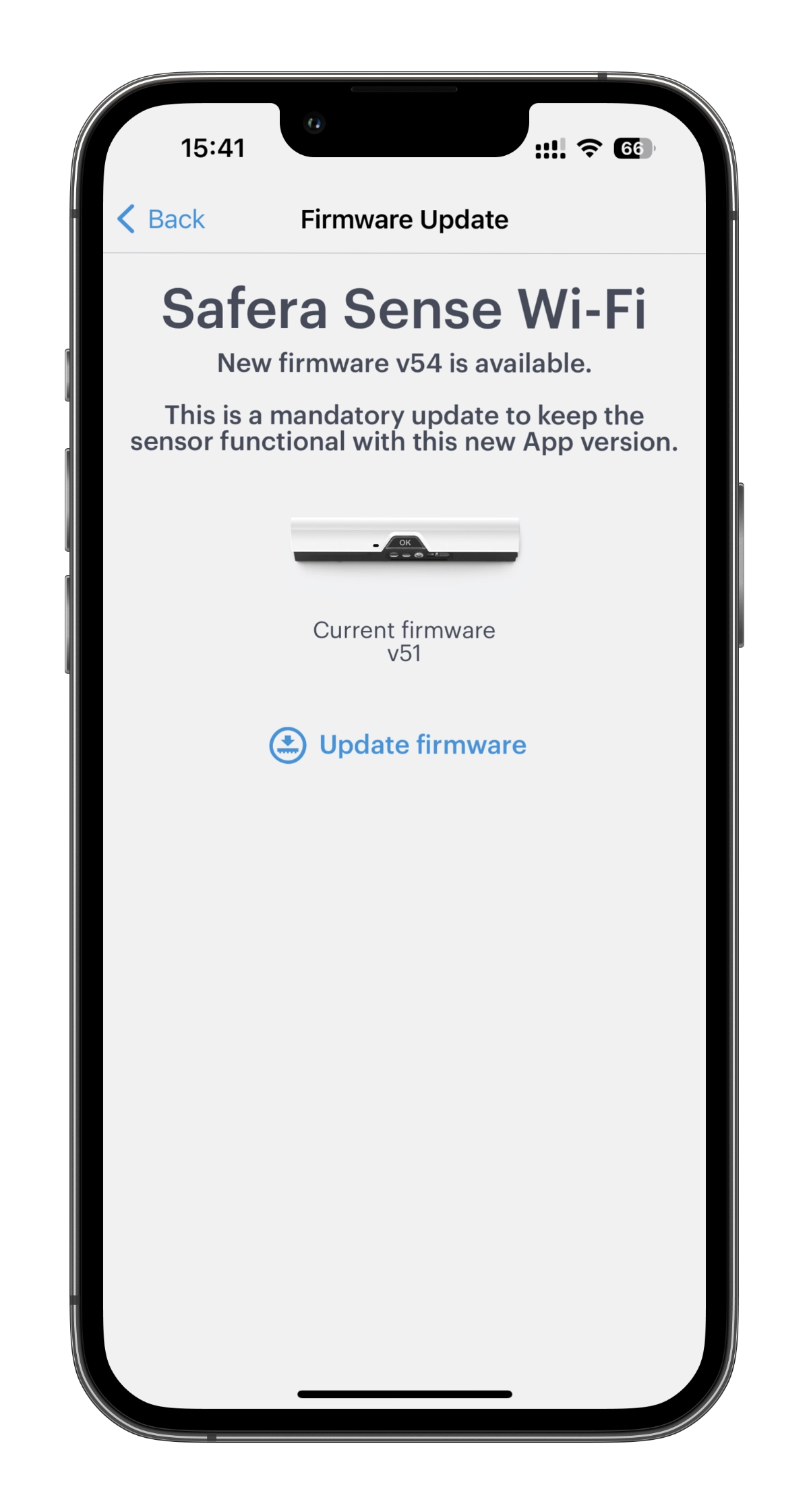 Safera app on a smartphone showing device status and firmware update