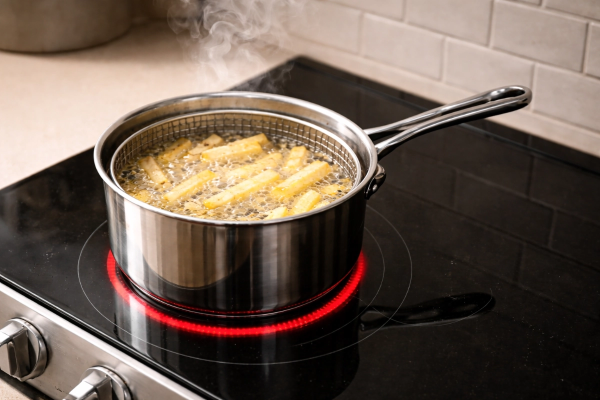 Chip pan filled with smoking-hot oil cooking chips on an induction hob