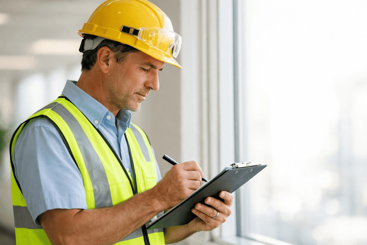 A construction worker in PPE conducts a fire risk assessment