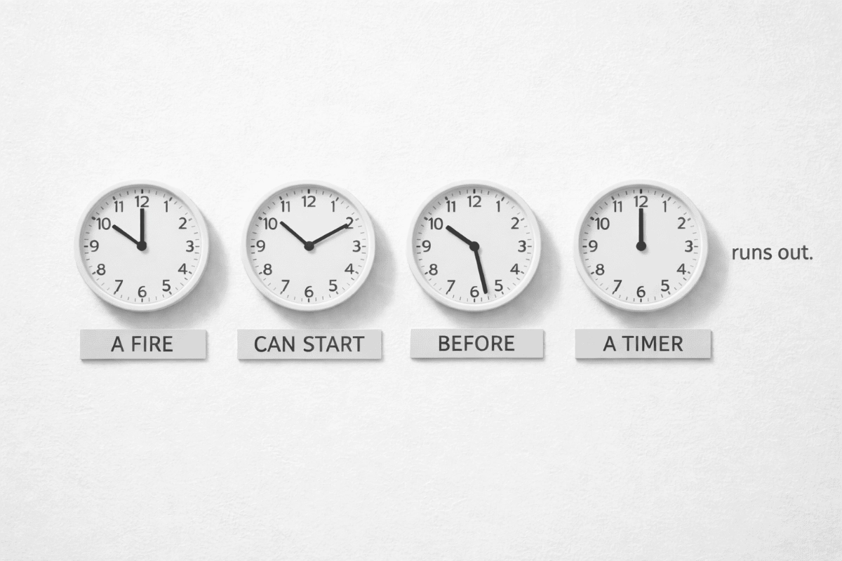A row of four white wall clocks displaying different times, with text underneath: 'A fire can start before a timer runs out'