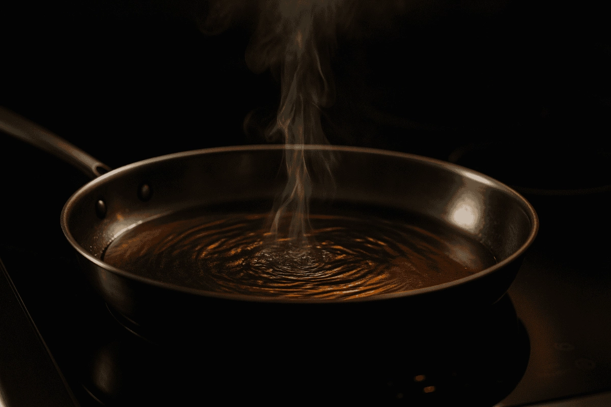Close-up of cooking oil shimmering and beginning to smoke in a pan on a black glass induction hob, with thin wisps of smoke rising.