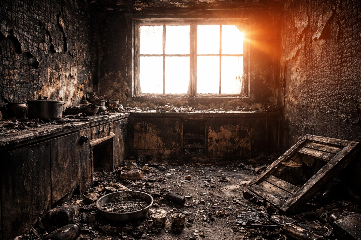 aftermath of a cooking fire, showing a completely burnt-out kitchen including charred appliances and cookware