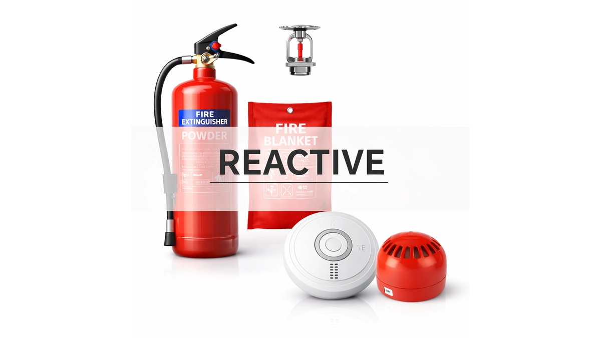Traditional reactive fire safety equipment, including fire extinguisher, fire blanket, smoke detector, and sprinkler