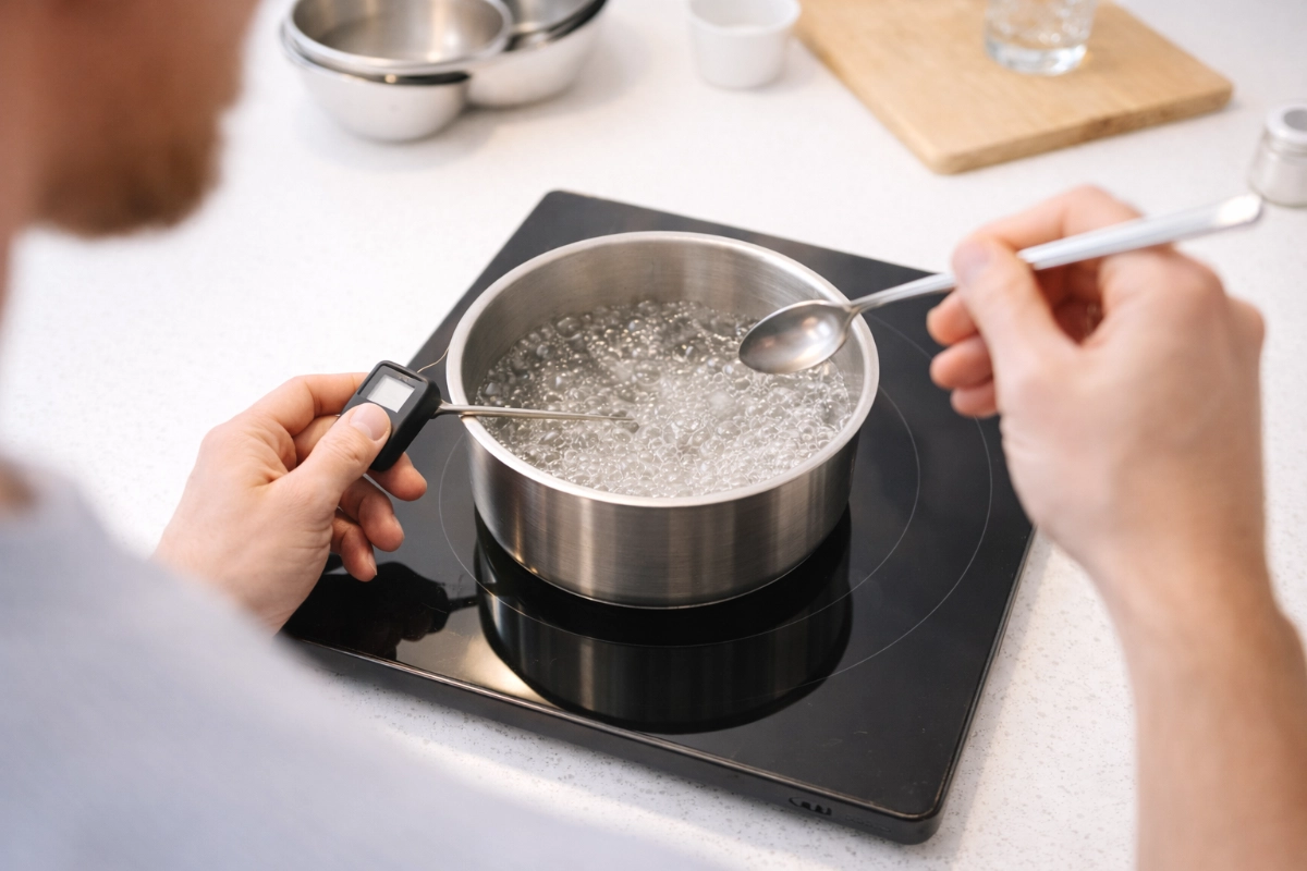 close up view of a saucepan being used to heat sugar on a single ring electric hob, including thermometer