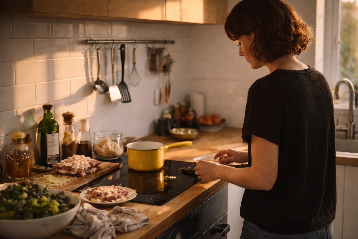 young woman cooking in a kitchen using an induction hob